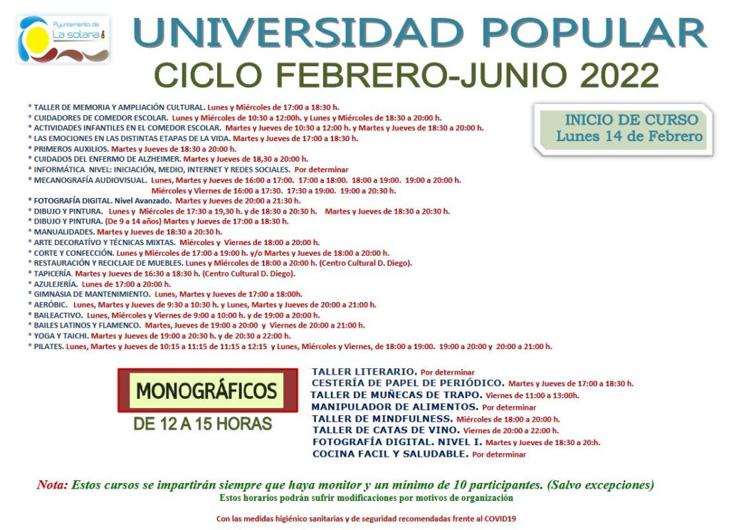 horario cursos up 2022